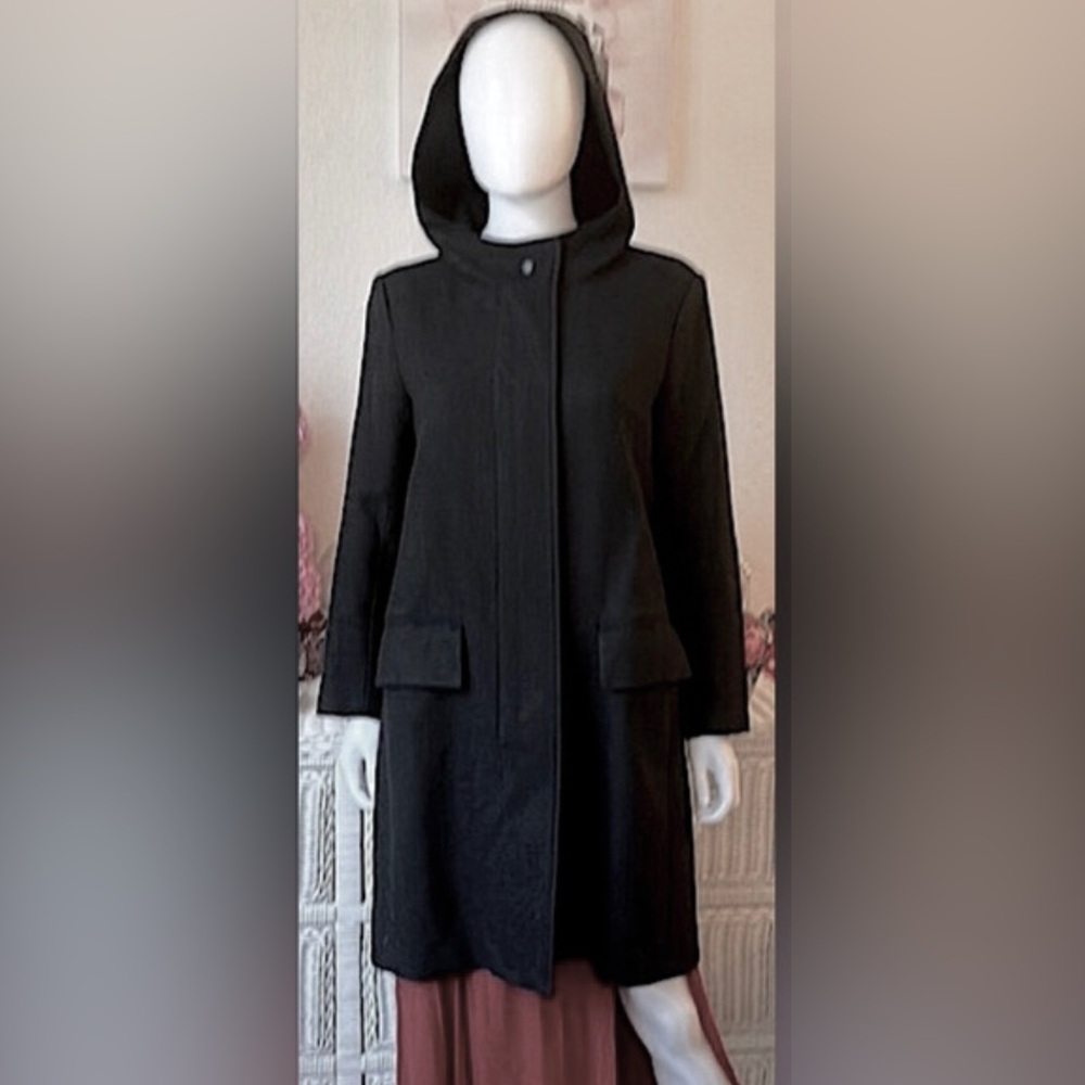 Nili Lotan Virgin Wool Coat Knee Length Hooded w/ Hidden Zipper in Black size 2